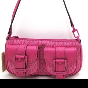 NEW MICHAEL KORS ZOE SM Convert Pouchette Coated MK Signature/Leather Wild Berr